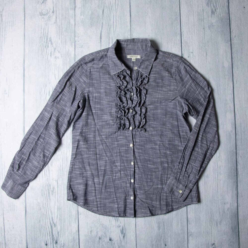 Orvis Women's Blouse Button Front Ruffled Long Sleeve Top Cotton Womens Size 10